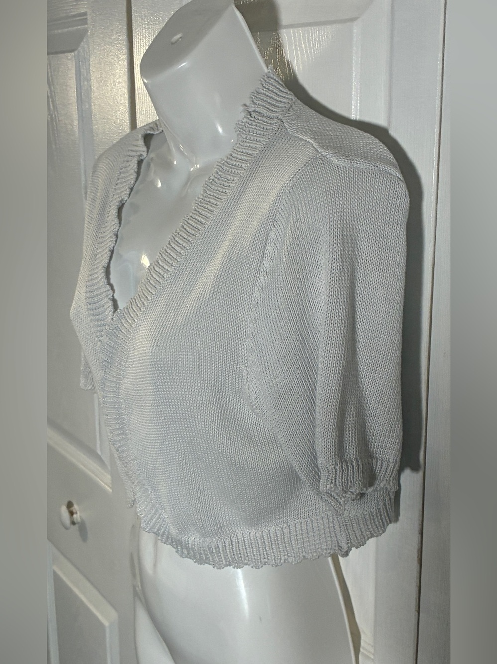 SHEIN Curve Open Front Cropped Knit Cardigan Scallop Trim White 0XL Plus - Picture 8 of 10